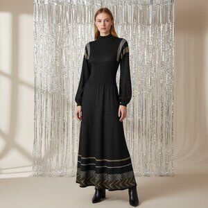 Vintage 70's Wenjilli Black Metallic Knit Maxi Sweater Dress Size 5/6